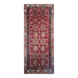 6x15 Wine Red & Green Vintage Kilim Rug, 198x468Cm
