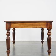 Large writing desk with green leather top, elegant legs and 3 English style drawers