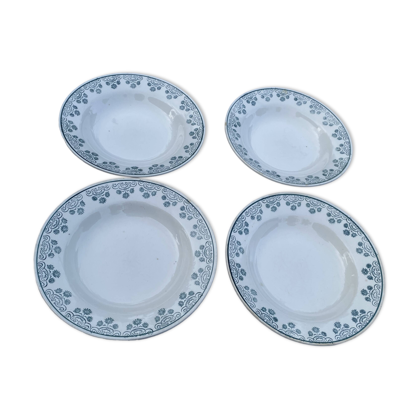 Set of 4 vintage deep plates in earthenware - Green floral pattern