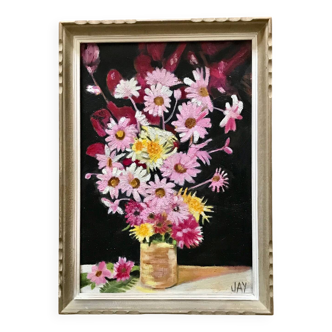 Tableau vintage à fleurs, cadre d origine