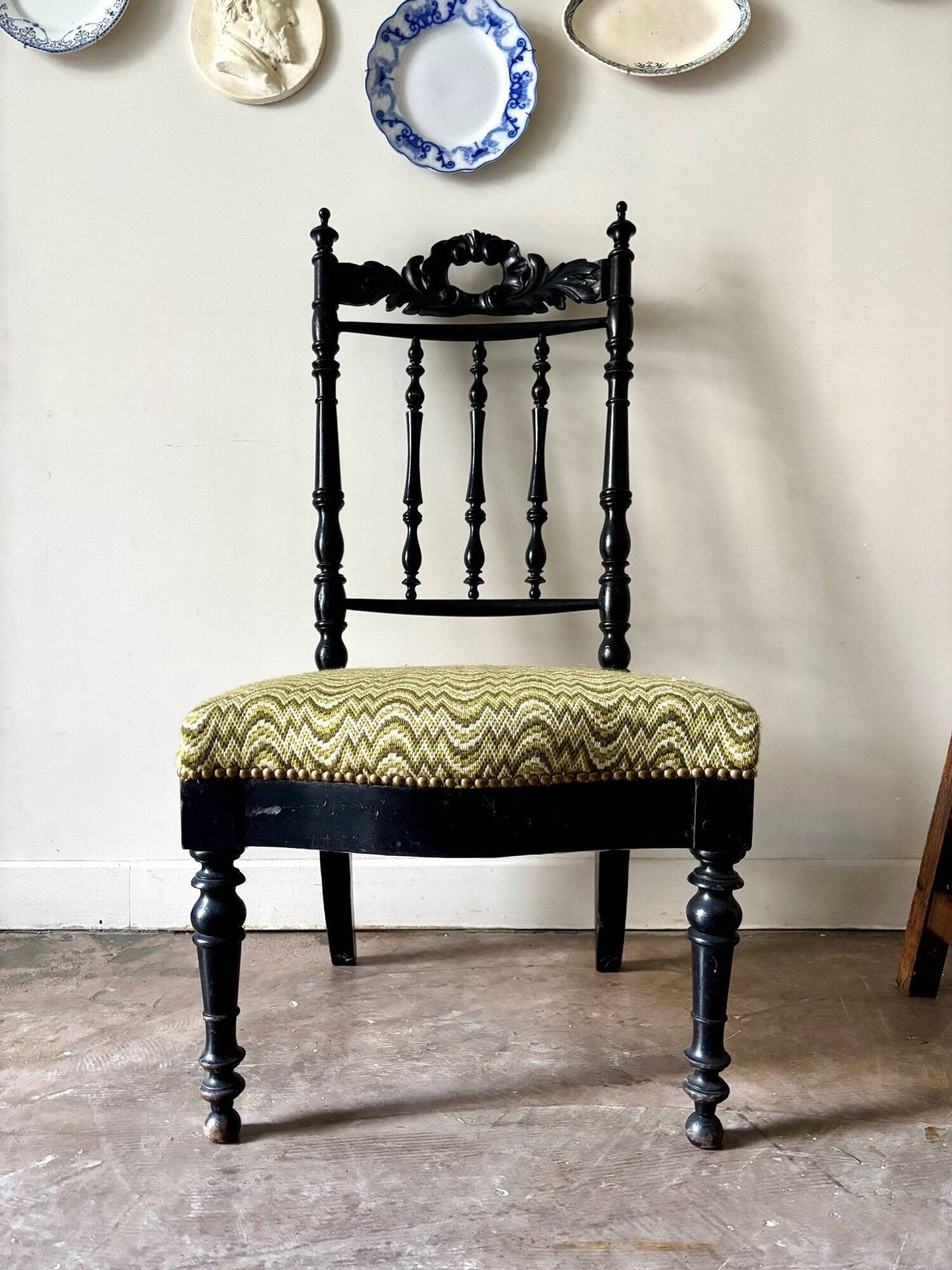 Black turned wood and green wool chair