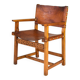 19th century oak and cognac leather brutalist castellana spanish armchair