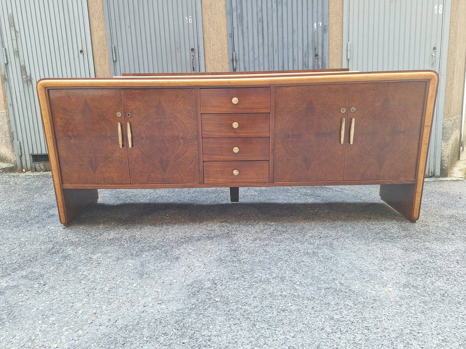 Vintage Sideboard in in Walnut Root and Maple Wood with Brass Details, 1940s
