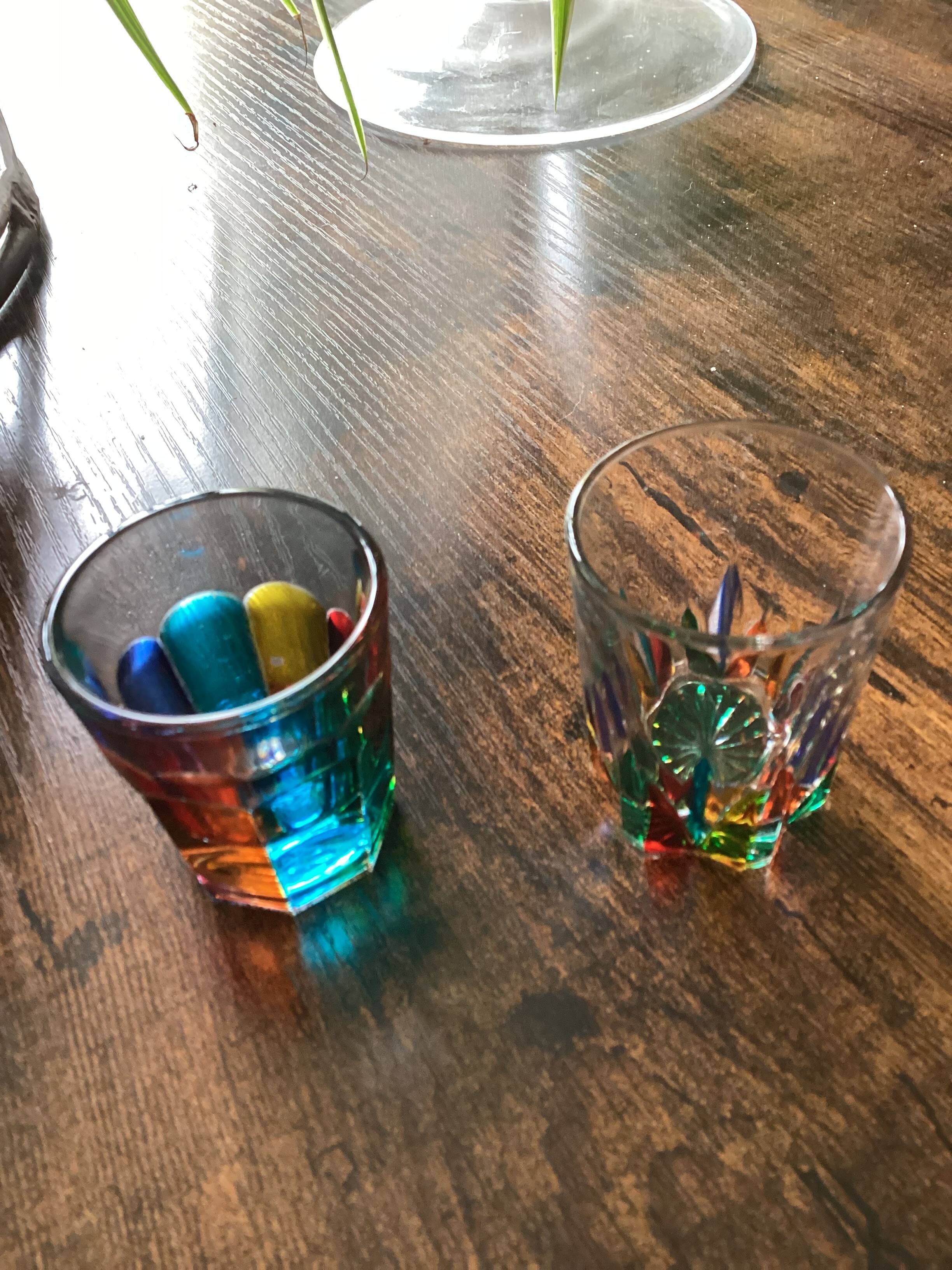 Two Shot Glasses,: One Murano, One CC Zechin using Murano Techniques.