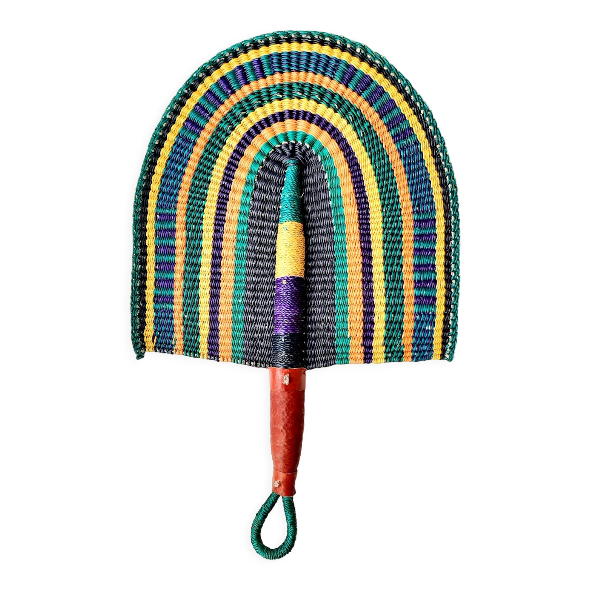 Bolga African fan, woven purple orange yellow green black