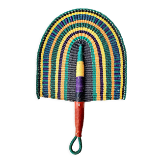 Bolga African fan, woven purple orange yellow green black