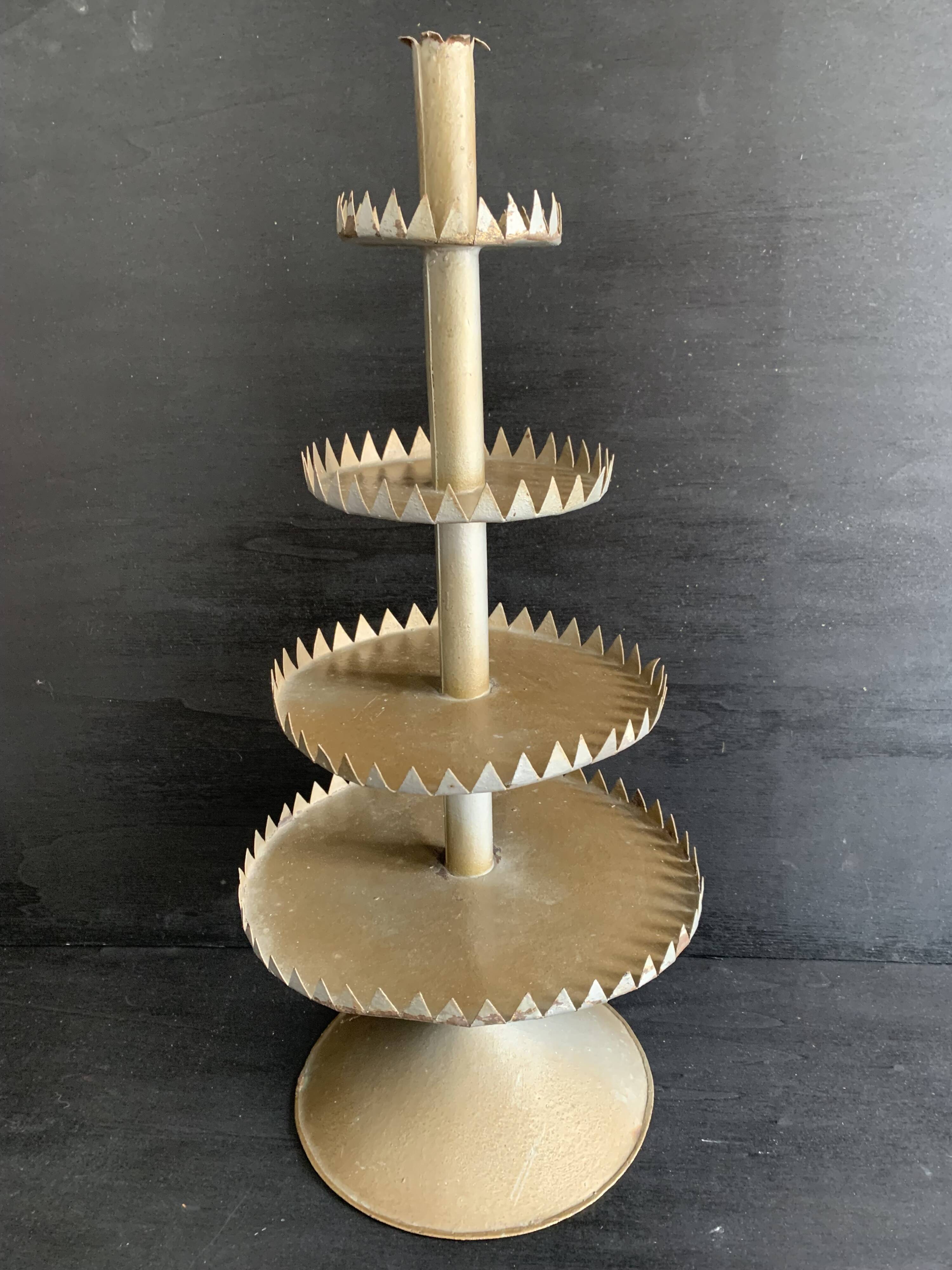 Large handmade sheet metal tiered display stand, 19th century