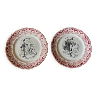 2 Opaque speaking plates from Sarreguemines, series "The carnival of proverbs" n°4 and n°8, late 19th century