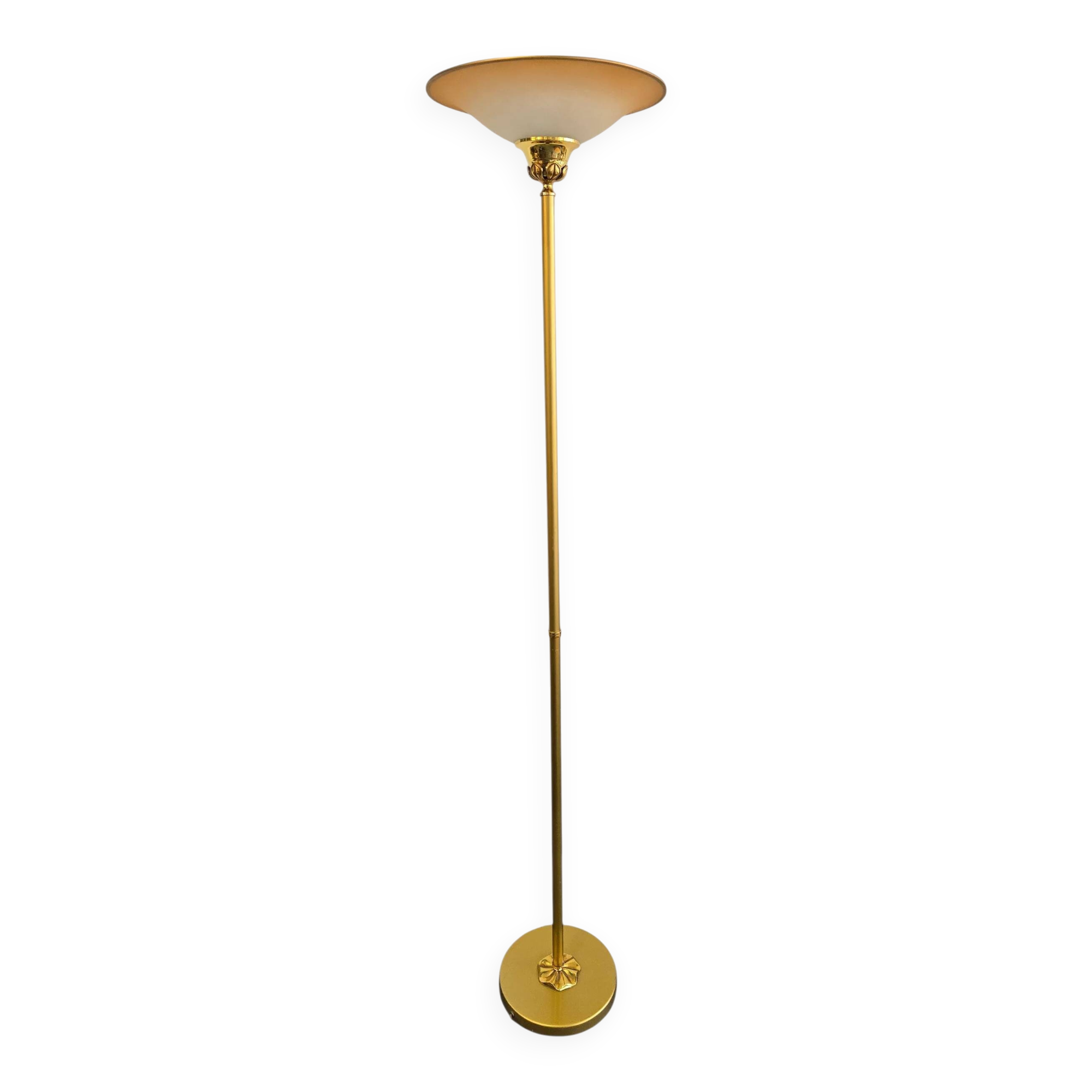 Vintage floor lamp in gold metal – Opaline shade – Neoclassical style from the 70s/80s