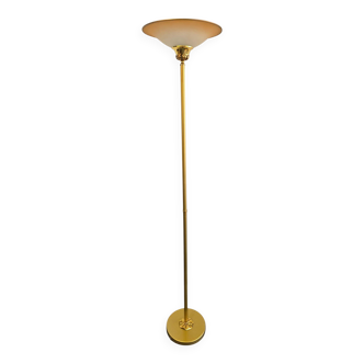Vintage gold metal floor lamp – Opaline shade – Neoclassical style from the 70s/80s