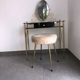 Coiffeuse laiton , verre et plastique noirs avec son tabouret moumoute