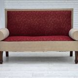 Canapé-lit danois des années 1950, laine d'ameublement rouge/beige, pieds en bois de frêne.