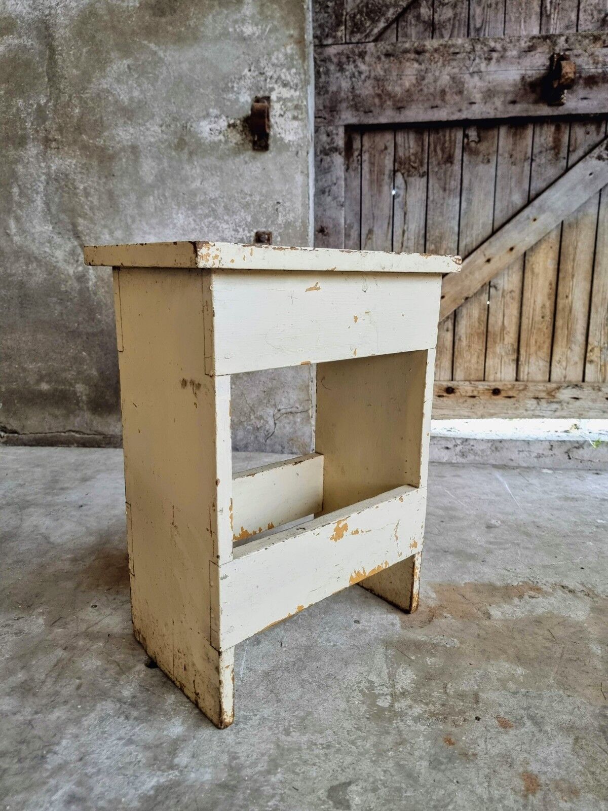 Vintage wooden stool side table creamy white
