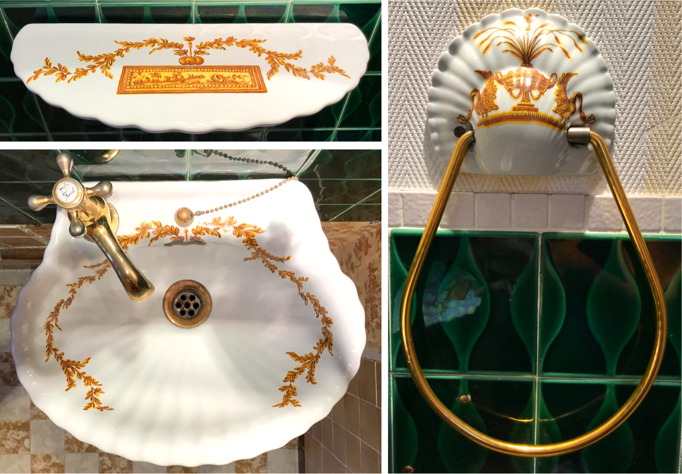 VINTAGE SHELL WASHBASIN SET PORCELAIN OF PARIS SHELVES BASIN AND TOWEL RACK