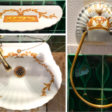 VINTAGE SHELL WASHBASIN SET PORCELAIN OF PARIS SHELVES BASIN AND TOWEL RACK