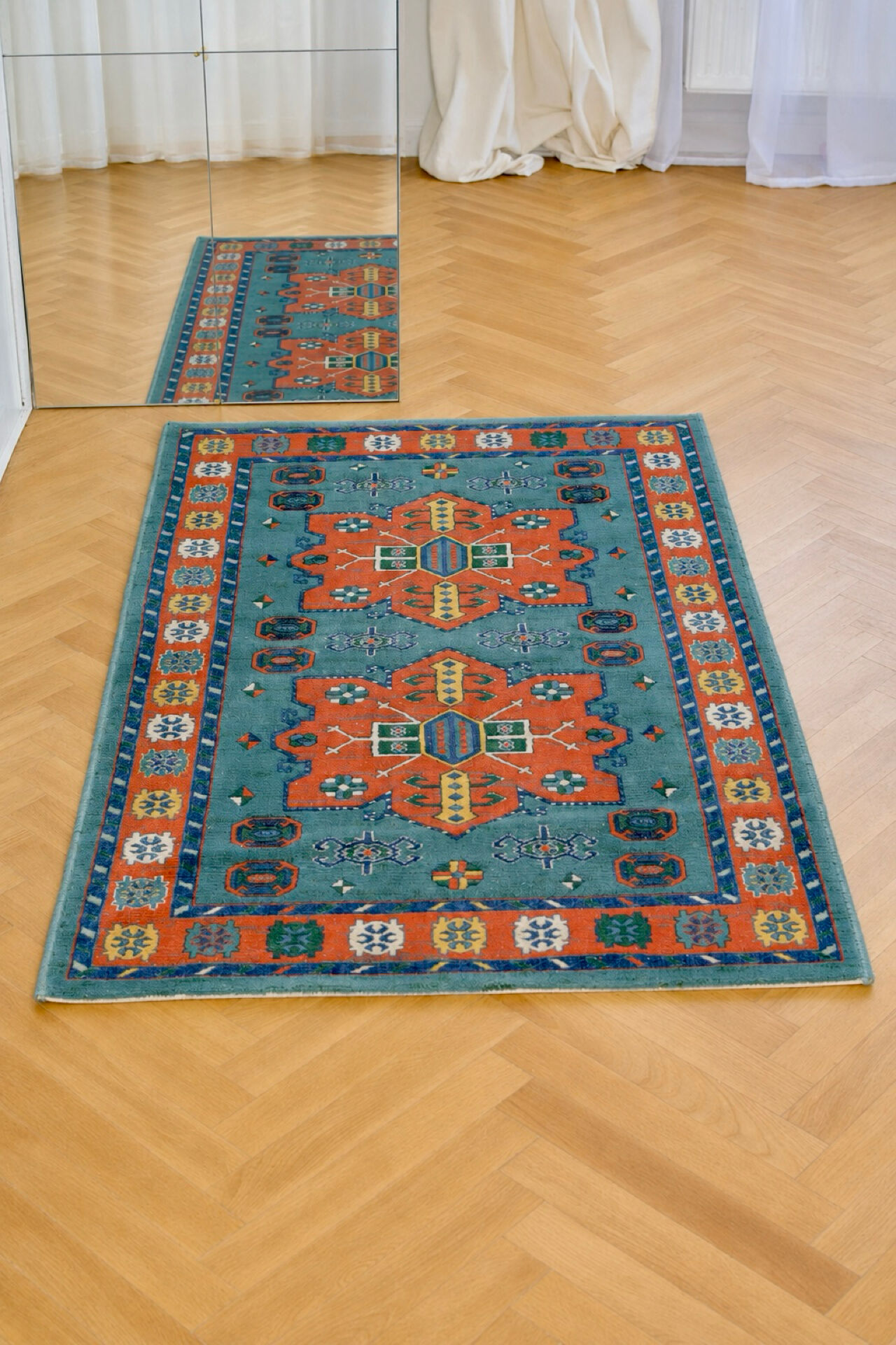 Spanish vintage wool rug with geometric patterns, 90 × 150 cm
