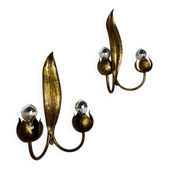 Pair of Spanish foliage wall sconces, leaf arms & bud shades, gilt iron, 1960s