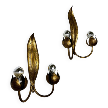Pair of Spanish foliage wall sconces, leaf arms & bud shades, gilt iron, 1960s