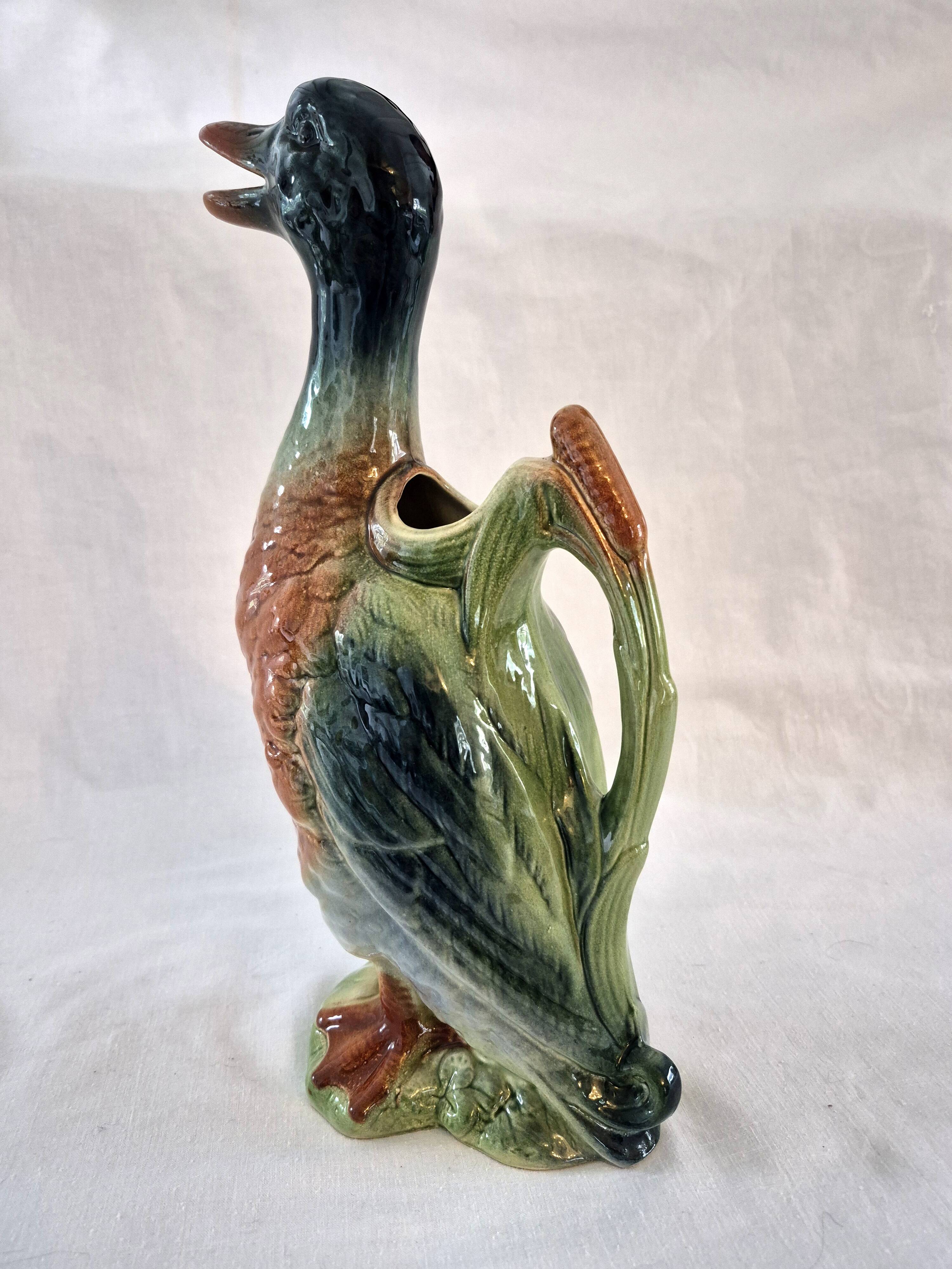 Zoomorphic pitcher barbotine Saint Clément Mallard Duck A028