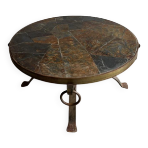 Table basse ronde brutaliste - plateau cuivre