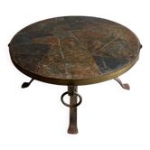 1970s Brutalist Round Coffee Table – Grey Slate Top with Copper-Tone Wrought Iron Frame