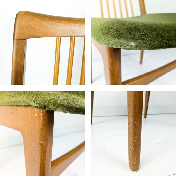 Lot de 6 chaises rembourrées Benze Mid Century avec entretoises en bois vert Design danois vintage des années 70