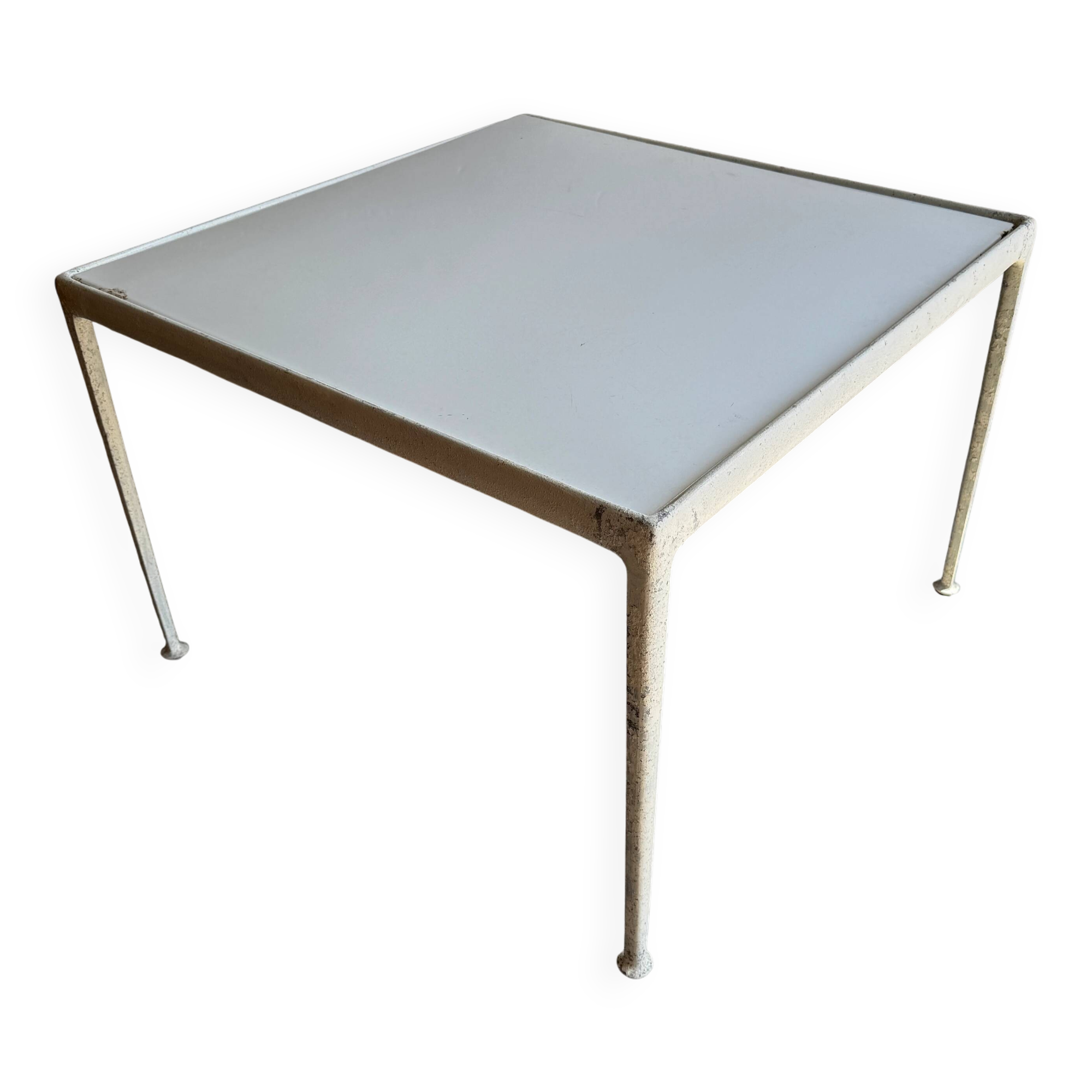 White Enameled Steel Top & Cast-Aluminum Knoll Outdoor Table — 1960s Modernist First Edition