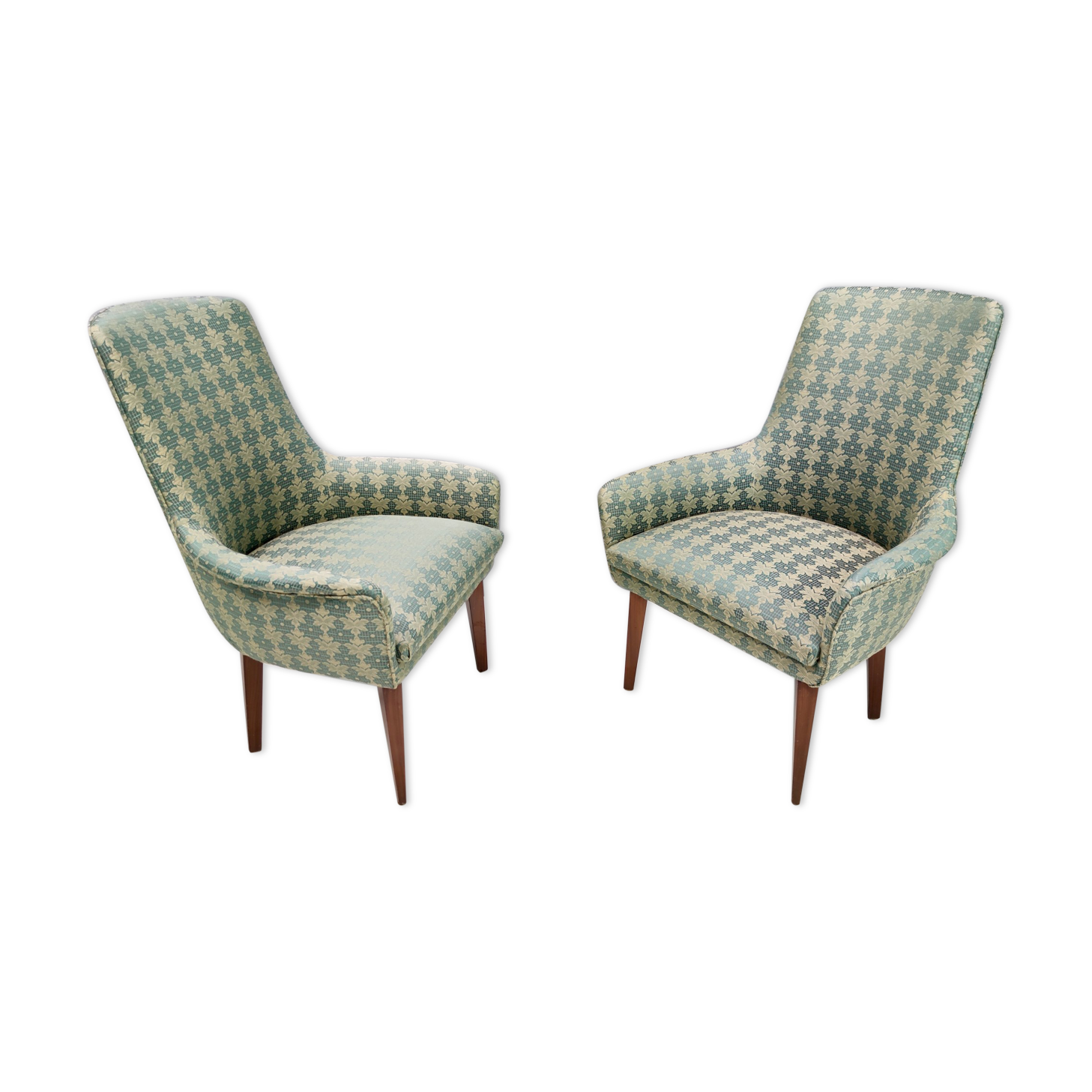 Green fabric and beech armchairs, italy