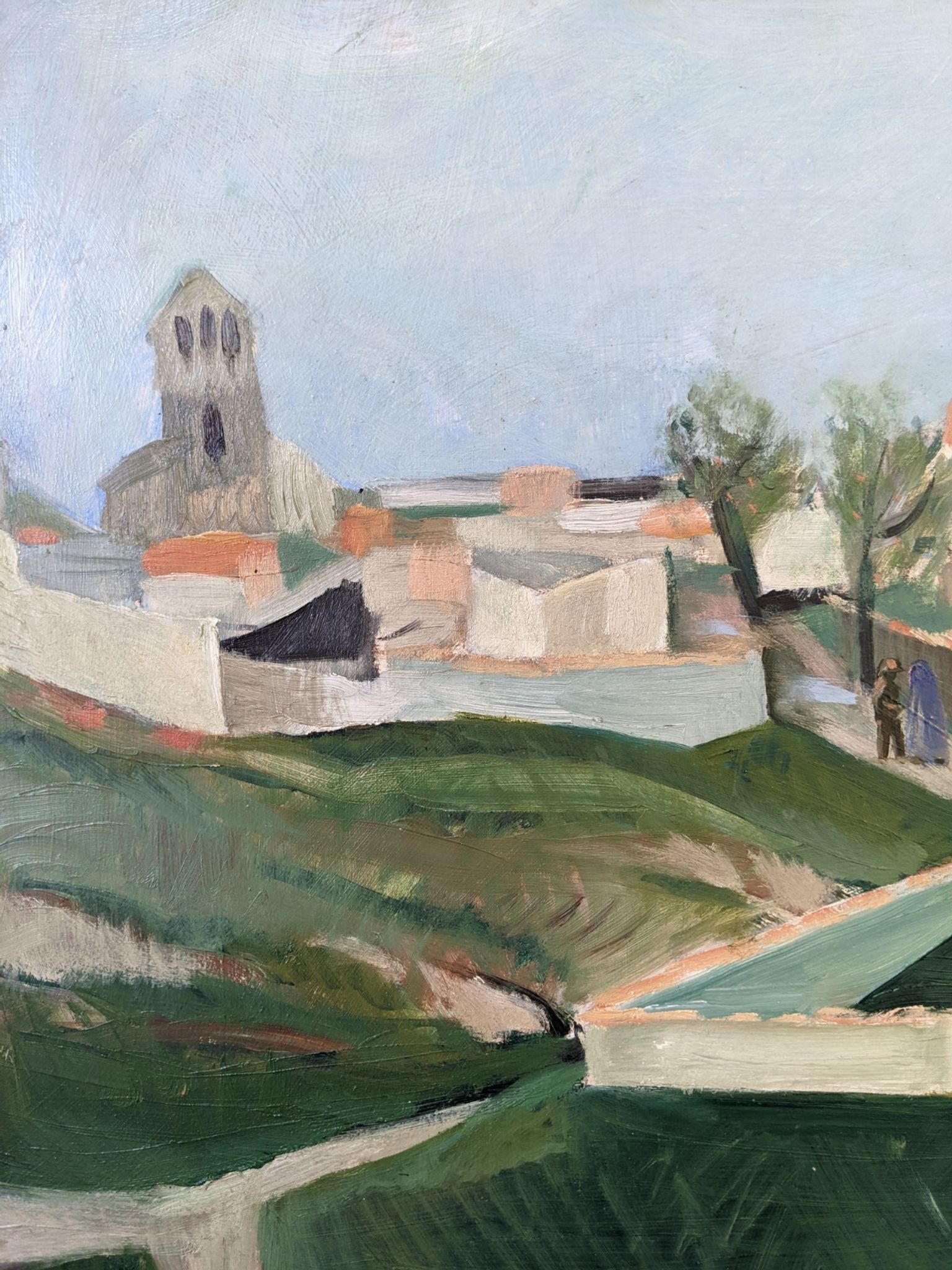 Mid-century modern swedish "slope" landscape, framed oil painting