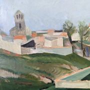 Mid-century modern swedish "slope" landscape, framed oil painting