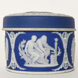 Pair of Wedgwood biscuit boxes with relief decoration of antique scenes