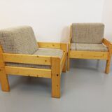 Set of 2 vintage fireside chairs in pine and fabric from the 70s