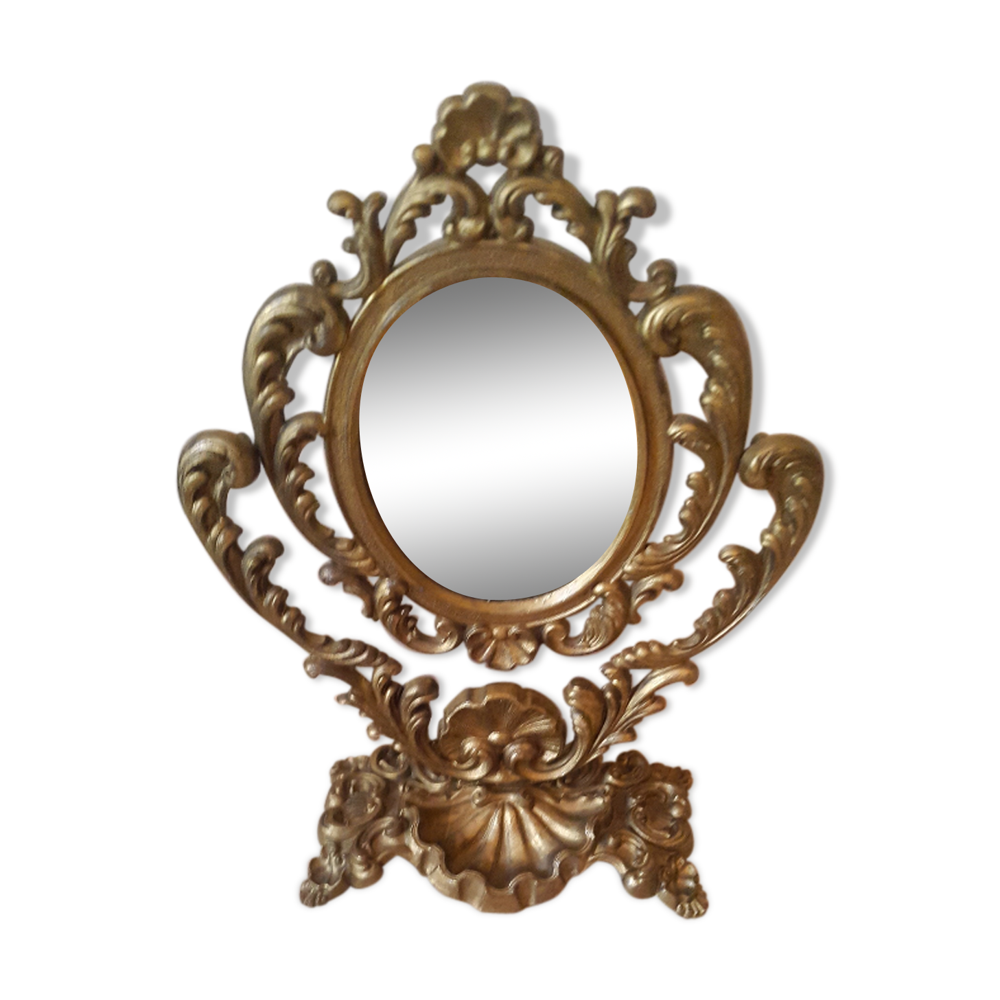 Baroque oval mirror pivoting on foot Golden brass 20x15cm