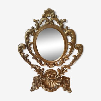 Miroir ovale baroque pivotant sur pied laiton doré 20x15cm