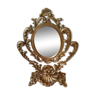 Miroir ovale baroque pivotant sur pied laiton doré 20x15cm
