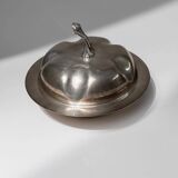 Silver-plated pumpkin-shaped bowl with lift-off lid, 1940s vintage centerpiece in metal
