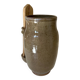 Old varnished stoneware pickle pot with tongs