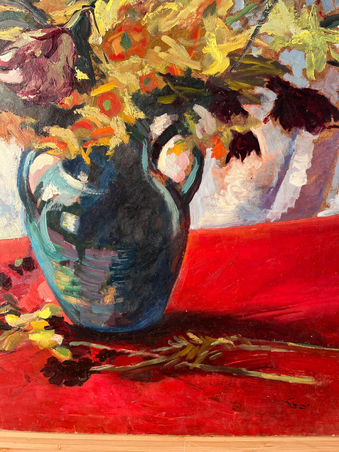 Bouquet of flowers on a red tablecloth, knife on a board, signed Renzo.