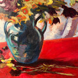 Bouquet of flowers on a red tablecloth, knife on a board, signed Renzo.