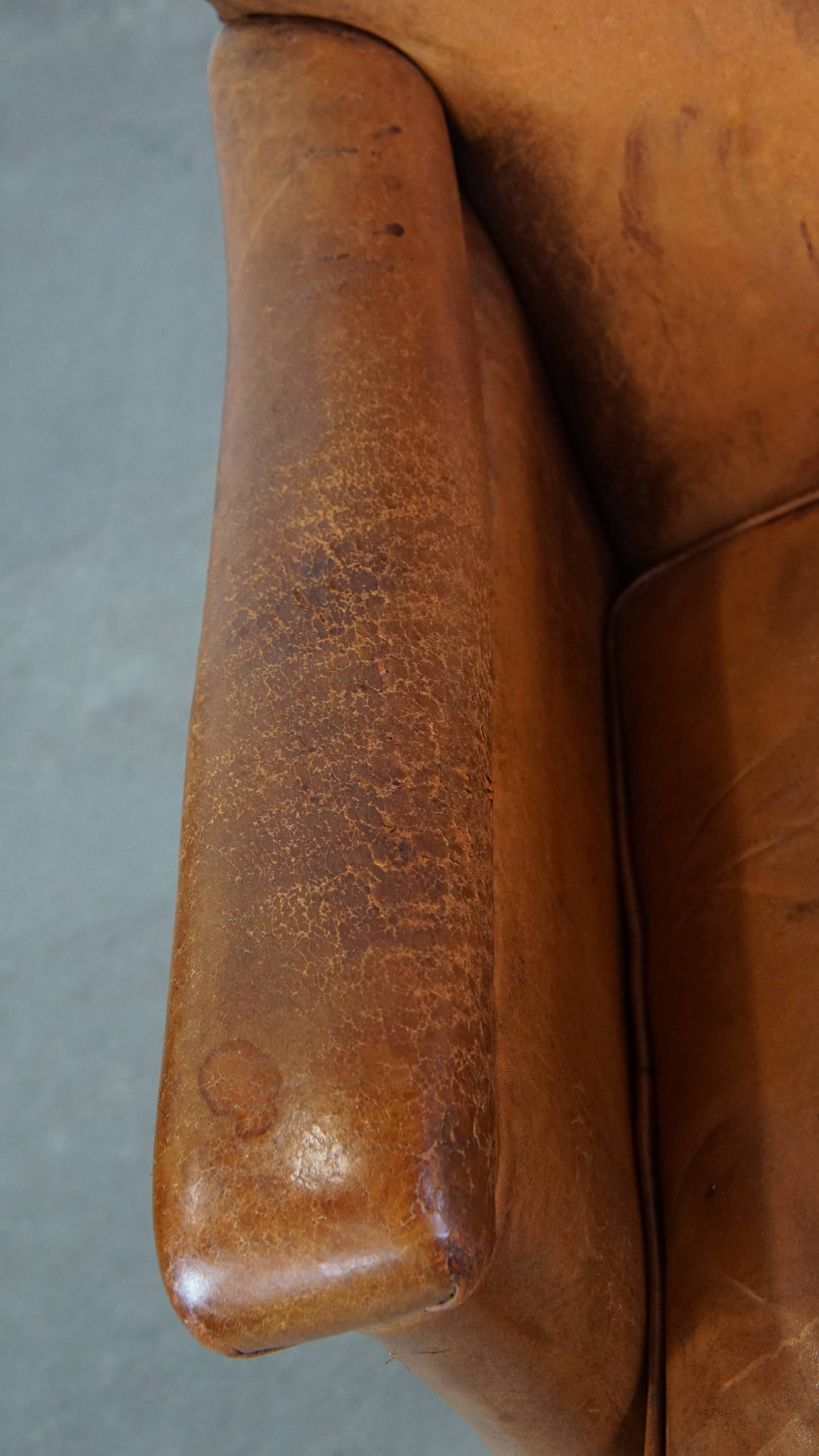 Cognac-Colored Sheepskin Leather Armchair with Straight Lines