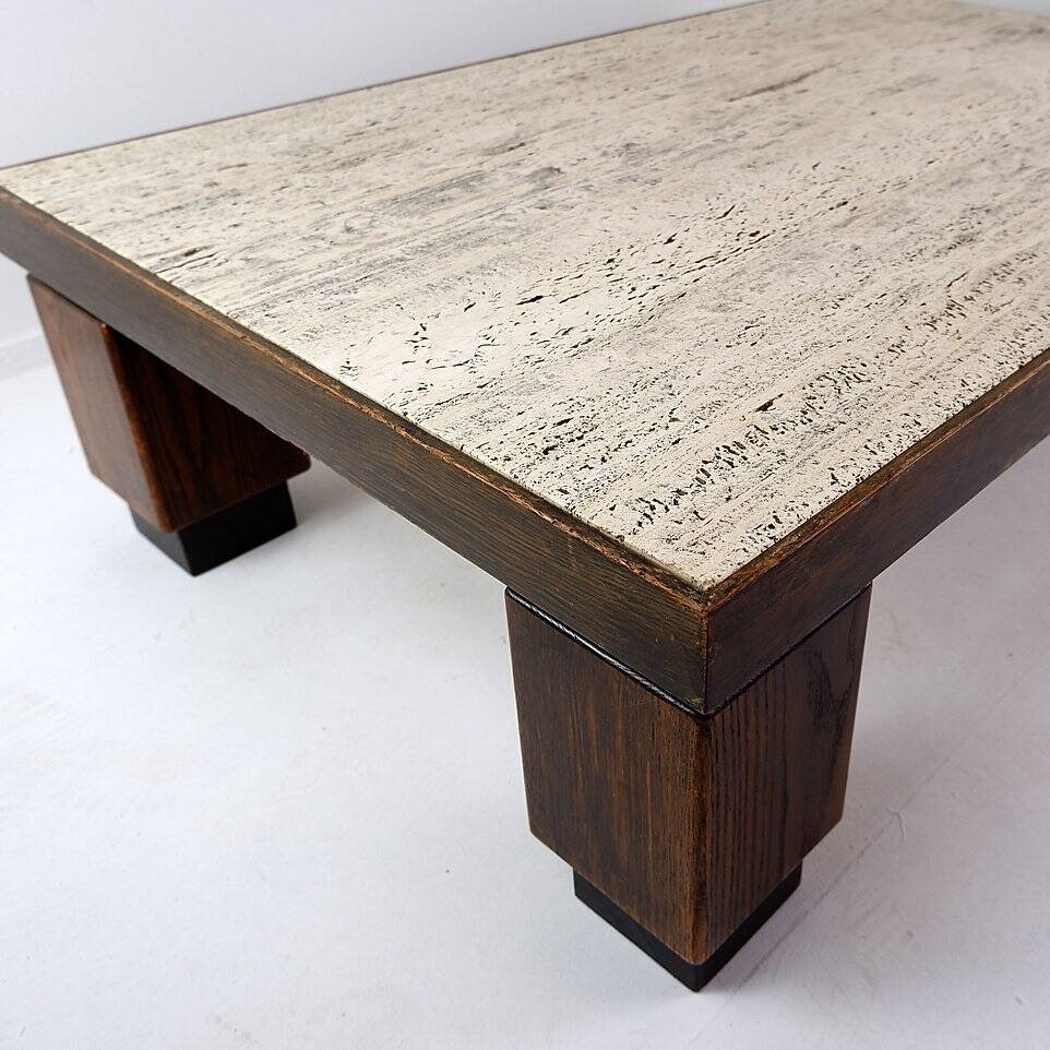 Wood and travertine top large coffee table