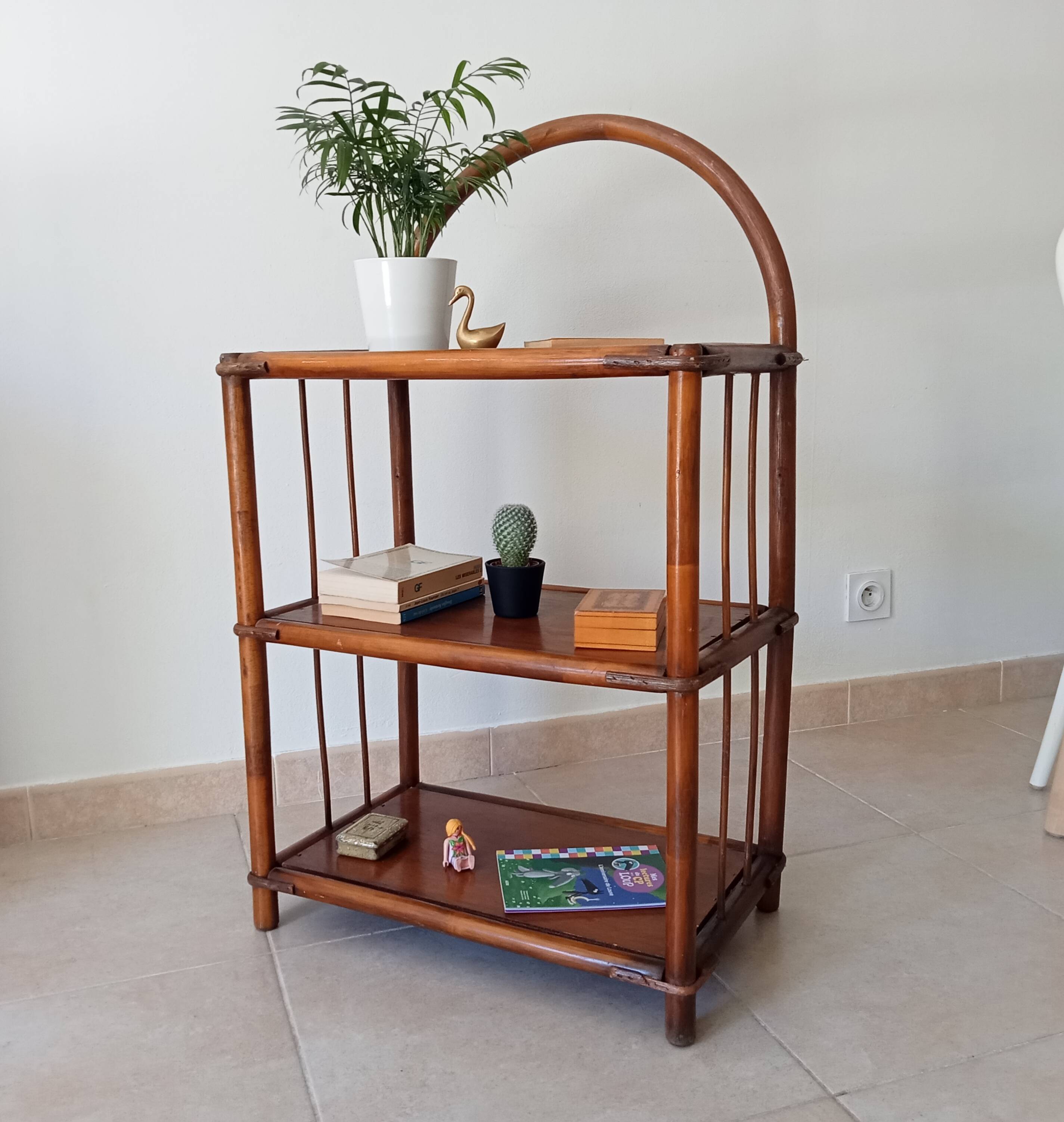 Vintage bamboo and rattan standing shelf