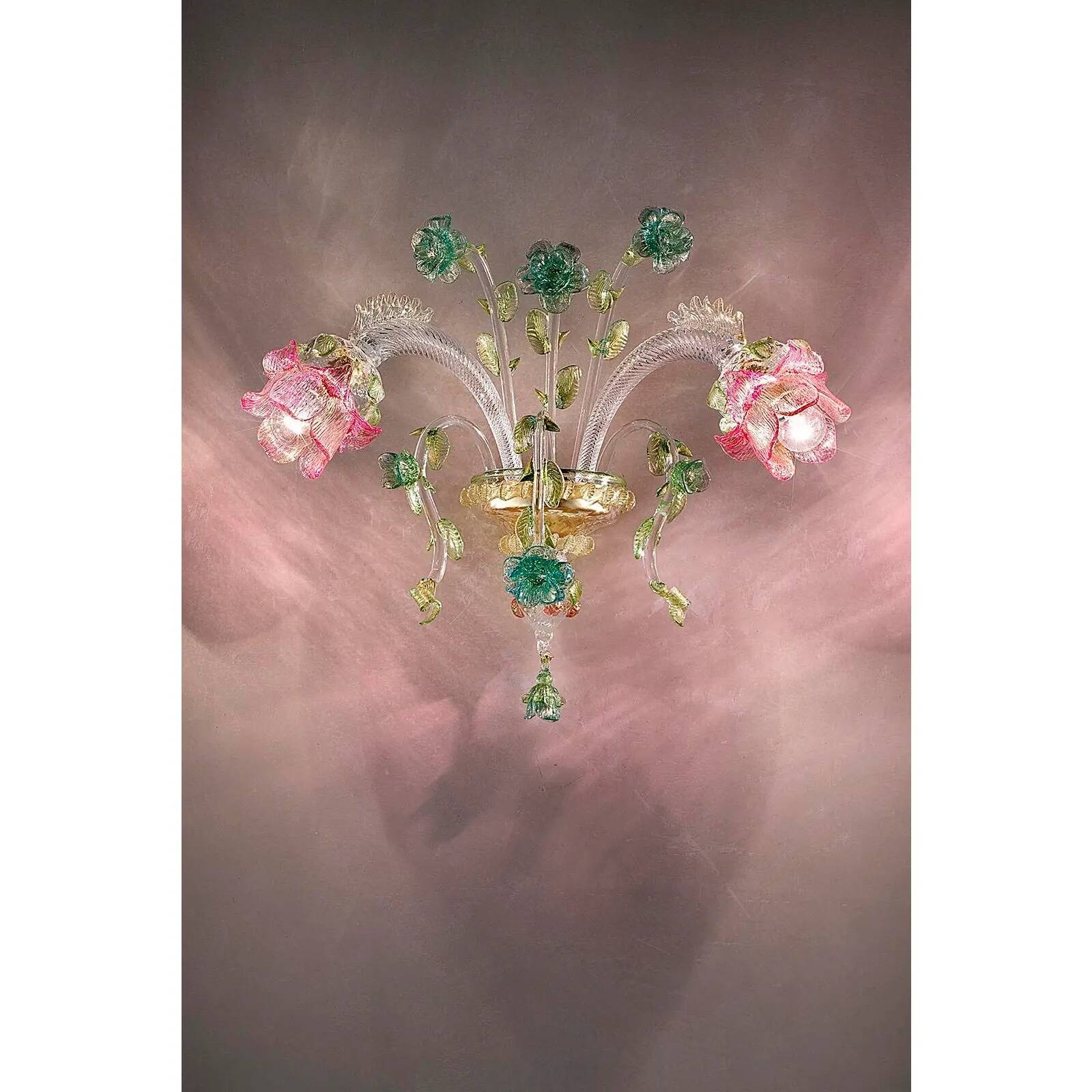 Applique murale en verre de Murano floral classique de luxe — rose et vert vénitien