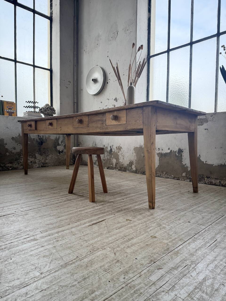 Pine and oak farmhouse table with multiple drawers, communal type, 240cm.