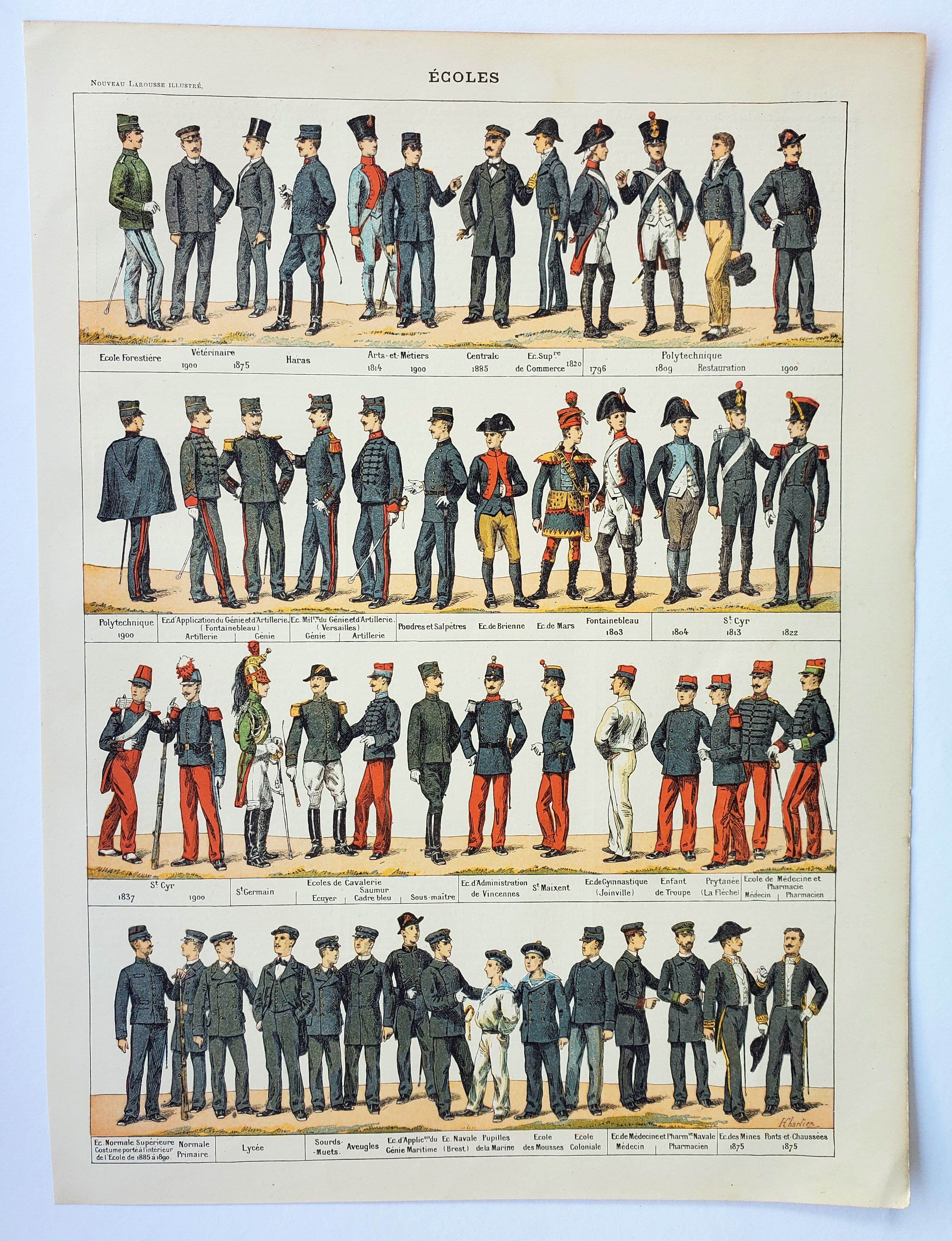 Gravure • Uniformes des Grandes Ecoles • Affiche originale et vintage de 1898