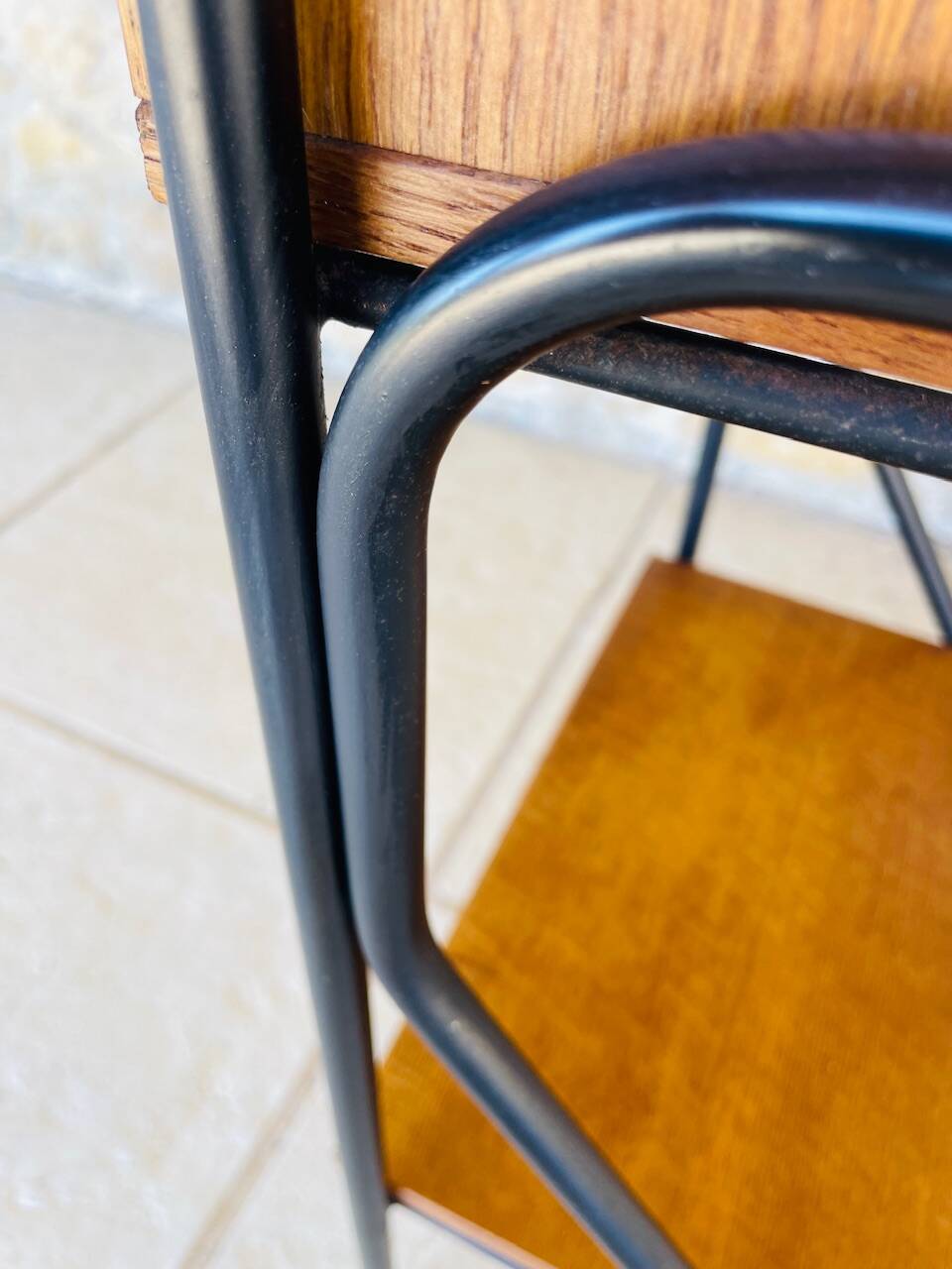 Vintage oak bedside table with black metal legs circa 50s/60s