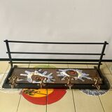 Vintage wall-mounted coat rack in steel, brass and ceramic