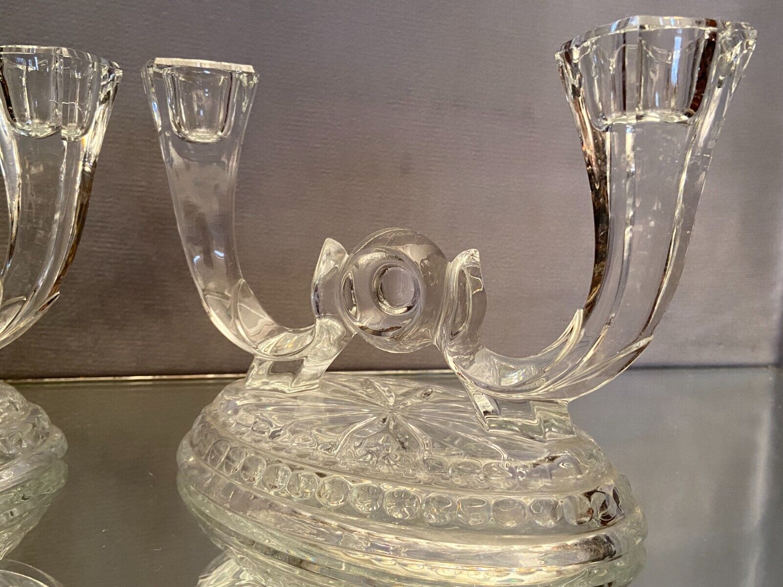Pair of Val Saint Lambert crystal table end candlesticks