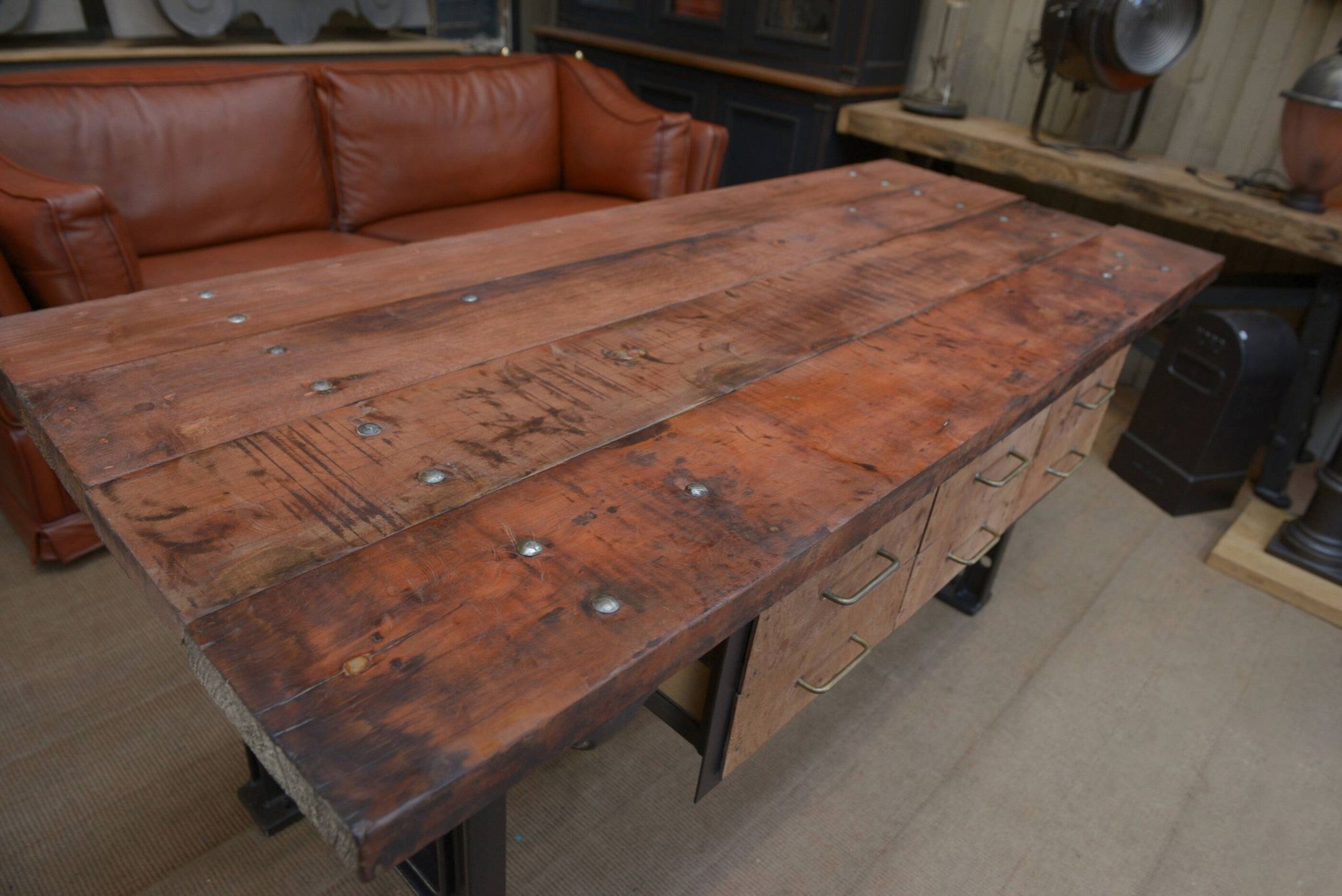 factory workbench in cast iron and wood 1930 with 9 drawers