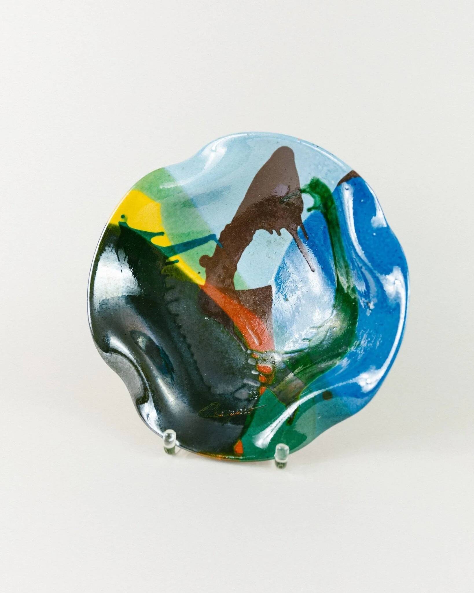 Multicolore glazed ceramic bowl, XL size, signed, Spanish mid-century design (60s-70s) ideal fruit centerpiece